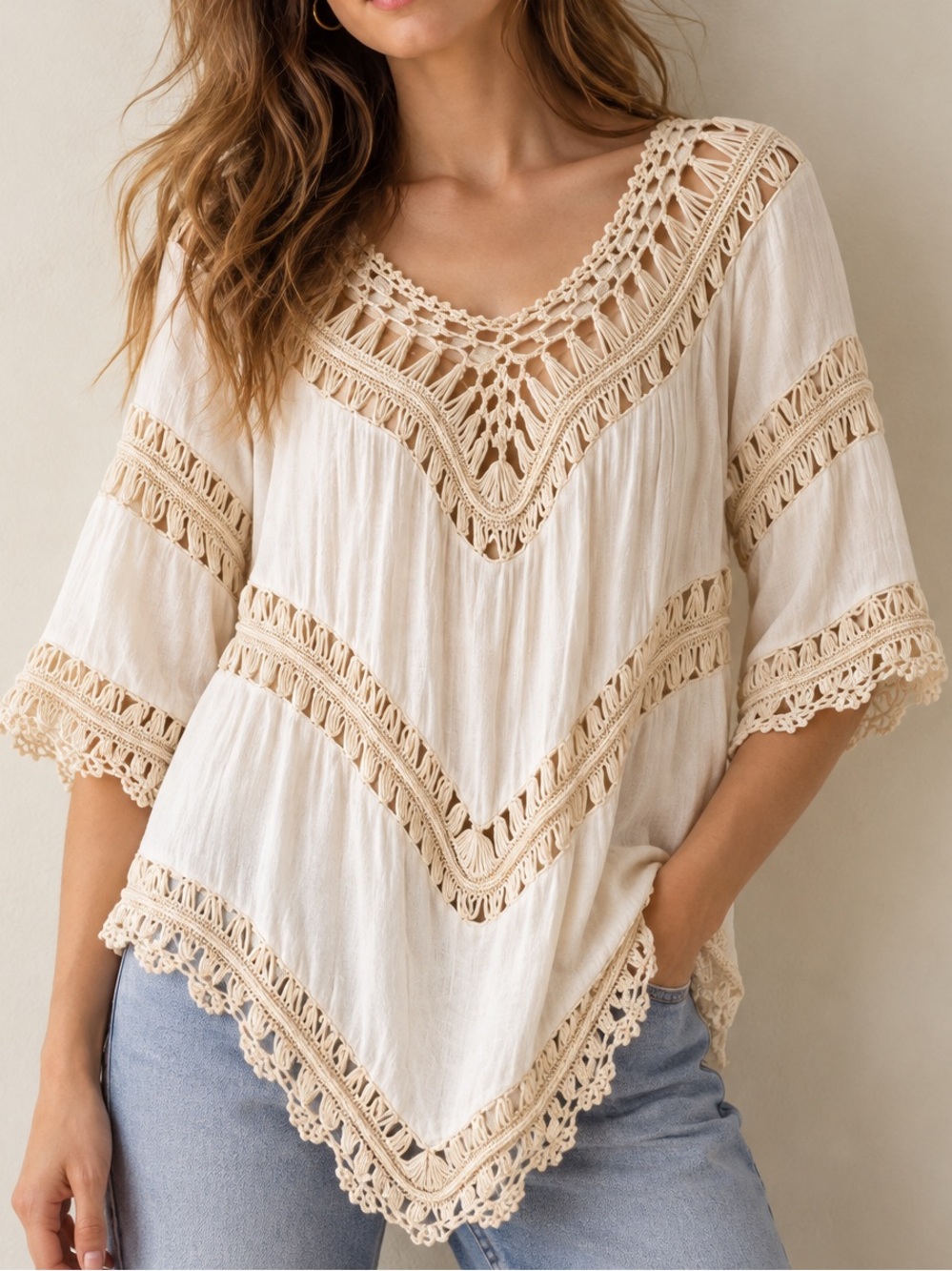 Pretty Angel Cream Textured Linen Blend Boho Macramé Crochet Blouse Top Sz Large